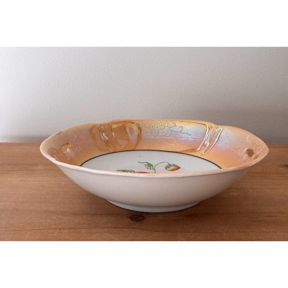 Vintage Lusterware Hand Painted Peach Floral Ceramic Serving Bowl Dish Japan - Picture 4 of 4